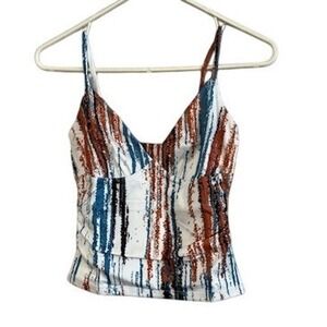 Womens Abstract Brushstroke Print Camisole V-Neck Spaghetti Strap Top White Blue